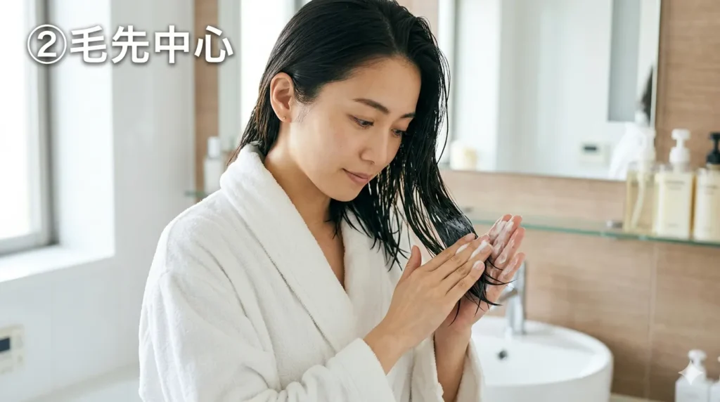 毛先にトリートメントを付けている